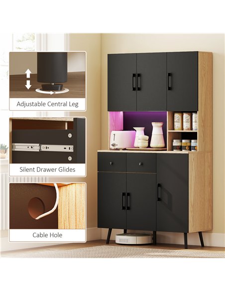 HOMCOM 176 cm Kitchen Cupboard with LED Lights - Oak and Black - pic 166309 | FastDaddyshop