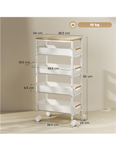 HOMCOM 5-Tier Storage Trolley on Wheels - White