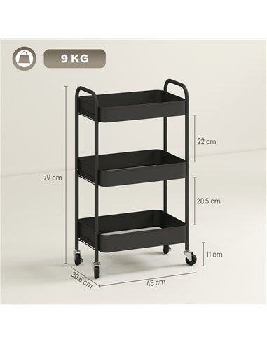HOMCOM Three-Tier Steel Storage Trolley - Black