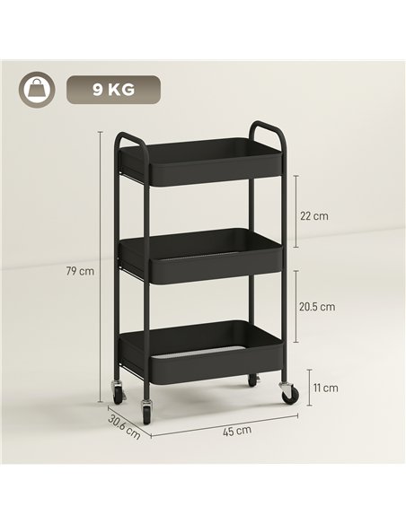 HOMCOM Three-Tier Steel Storage Trolley - Black - pic 166349 | FastDaddyshop