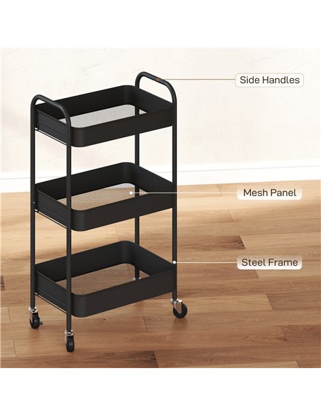 HOMCOM Three-Tier Steel Storage Trolley - Black - pic 166352 | FastDaddyshop