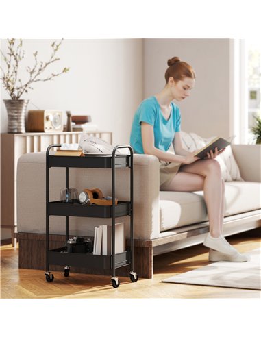HOMCOM Three-Tier Steel Storage Trolley - Black