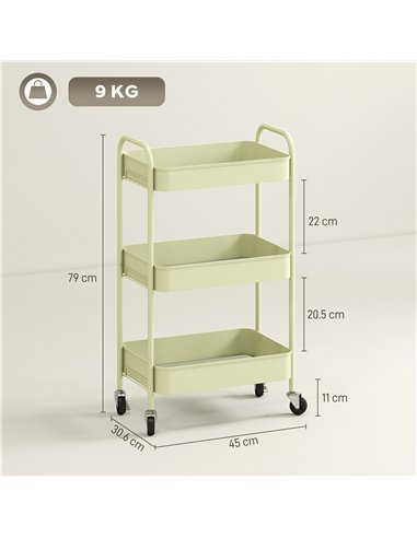 HOMCOM Three-Tier Steel Storage Trolley - Green