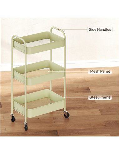 HOMCOM Three-Tier Steel Storage Trolley - Green