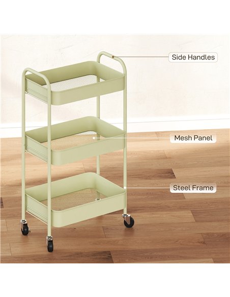 HOMCOM Three-Tier Steel Storage Trolley - Green - pic 166361 | FastDaddyshop