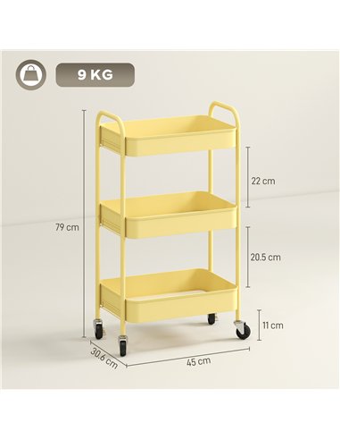 HOMCOM Three-Tier Steel Storage Trolley - Yellow