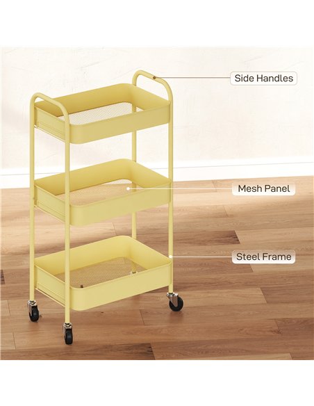 HOMCOM Three-Tier Steel Storage Trolley - Yellow - pic 166370 | FastDaddyshop