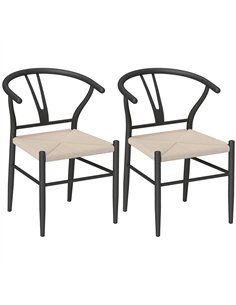 HOMCOM Set of Two Weave Dining Chairs with Y-Shaped Backrest Hemp Seat - Black/Beige