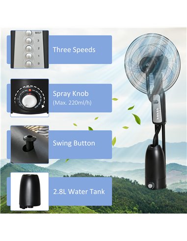 Homcom Pedestal Humidifying Misting Fan with 3 Speeds, 2.8L Water Tank, Timer, Black