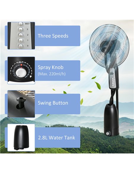 Homcom Pedestal Humidifying Misting Fan with 3 Speeds, 2.8L Water Tank, Timer, Black - pic 16647 | FastDaddyshop
