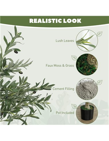 HOMCOM Set of 2 4ft/ 120cm Decorative Artificial Plant, Silk Olive Tree with 450 Leaves and 20 Olive Fruits in Pot, Fake Plant f