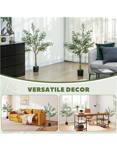HOMCOM Set of 2 4ft/ 120cm Decorative Artificial Plant, Silk Olive Tree with 450 Leaves and 20 Olive Fruits in Pot, Fake Plant f
