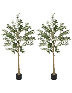 HOMCOM Set of 2 5ft/ 150cm Decorative Artificial Plant, Silk Olive Tree with 720 Leaves and 32 Olive Fruits in Pot, Fake Plant f