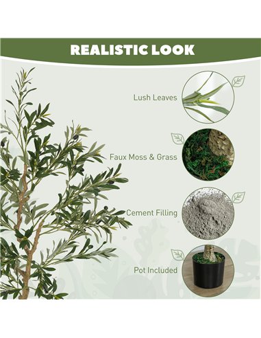 HOMCOM Set of 2 5ft/ 150cm Decorative Artificial Plant, Silk Olive Tree with 720 Leaves and 32 Olive Fruits in Pot, Fake Plant f