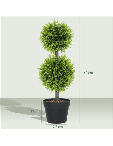 HOMCOM Set of 2 Decorative Artificial Plants, 60cm Faux Topiary Cypress Ball Trees with Plastic Pot and Pebbles, Fake Plants for