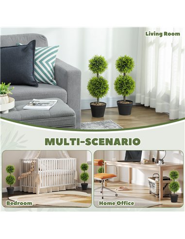 HOMCOM Set of 2 Decorative Artificial Plants, 60cm Faux Topiary Cypress Ball Trees with Plastic Pot and Pebbles, Fake Plants for