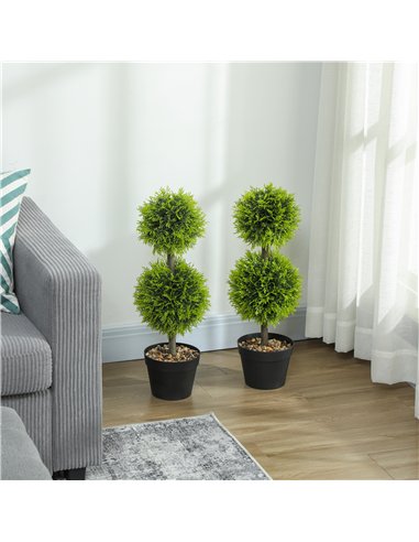 HOMCOM Set of 2 Decorative Artificial Plants, 60cm Faux Topiary Cypress Ball Trees with Plastic Pot and Pebbles, Fake Plants for