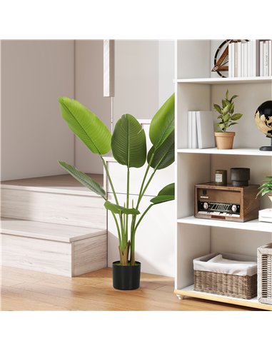 HOMCOM 109cm Artificial Bird of Paradise Plant, Faux Banana Leaf Tree with PEVA Leaves and Flocking, Decorative Palm Tree in Pot