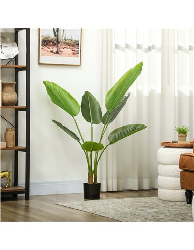 HOMCOM 109cm Artificial Bird of Paradise Plant, Faux Banana Leaf Tree with PEVA Leaves and Flocking, Decorative Palm Tree in Pot