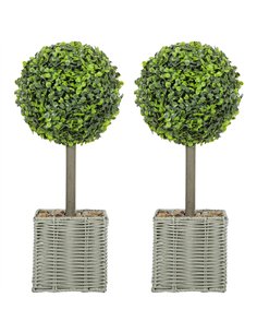 HOMCOM Set of 2 Decorative Artificial Plants, 50cm Faux Boxwood Topiary Balls with Woven Plastic Pot and Pebbles, Fake Plants fo