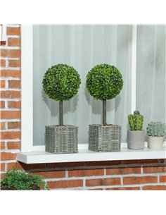 HOMCOM Set of 2 Decorative Artificial Plants, 50cm Faux Boxwood Topiary Balls with Woven Plastic Pot and Pebbles, Fake Plants fo 2