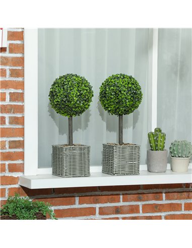 HOMCOM Set of 2 Decorative Artificial Plants, 50cm Faux Boxwood Topiary Balls with Woven Plastic Pot and Pebbles, Fake Plants fo