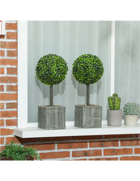 HOMCOM Set of 2 Decorative Artificial Plants, 50cm Faux Boxwood Topiary Balls with Woven Plastic Pot and Pebbles, Fake Plants fo - pic 166573 | FastDaddyshop
