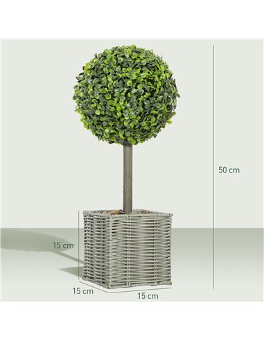 HOMCOM Set of 2 Decorative Artificial Plants, 50cm Faux Boxwood Topiary Balls with Woven Plastic Pot and Pebbles, Fake Plants fo