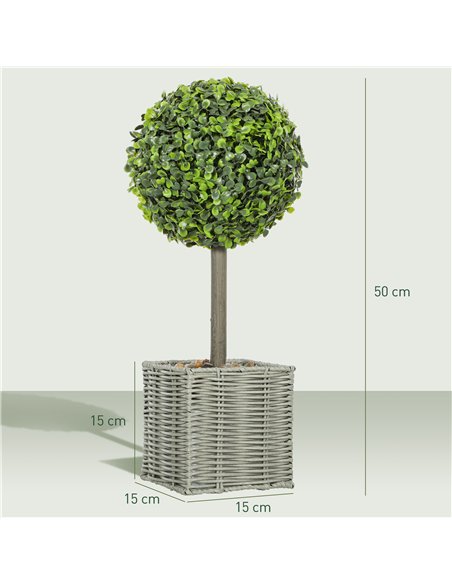 HOMCOM Set of 2 Decorative Artificial Plants, 50cm Faux Boxwood Topiary Balls with Woven Plastic Pot and Pebbles, Fake Plants fo - pic 166574 | FastDaddyshop