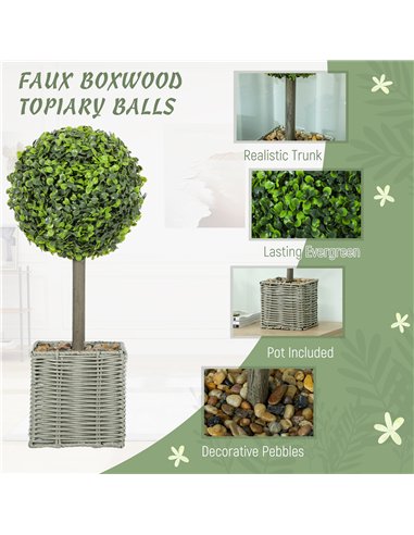 HOMCOM Set of 2 Decorative Artificial Plants, 50cm Faux Boxwood Topiary Balls with Woven Plastic Pot and Pebbles, Fake Plants fo