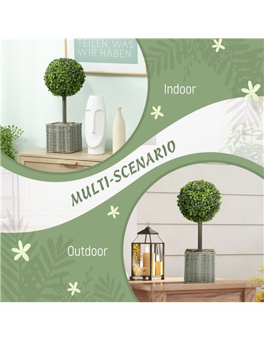 HOMCOM Set of 2 Decorative Artificial Plants, 50cm Faux Boxwood Topiary Balls with Woven Plastic Pot and Pebbles, Fake Plants fo