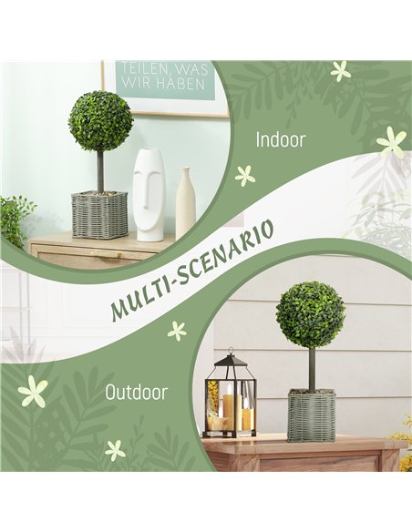 HOMCOM Set of 2 Decorative Artificial Plants, 50cm Faux Boxwood Topiary Balls with Woven Plastic Pot and Pebbles, Fake Plants fo - pic 166576 | FastDaddyshop