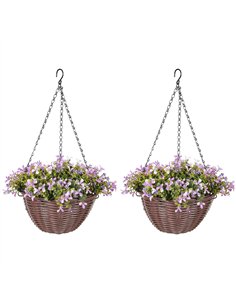 HOMCOM Artificial Flowers in Basket Set of 2, Artificial Hanging Baskets with 75 Leaves and 15 Flowers in Pot, Decorative Plant 