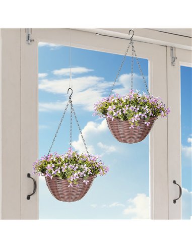 HOMCOM Artificial Flowers in Basket Set of 2, Artificial Hanging Baskets with 75 Leaves and 15 Flowers in Pot, Decorative Plant 