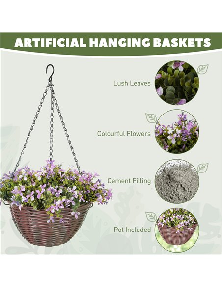 HOMCOM Artificial Flowers in Basket Set of 2, Artificial Hanging Baskets with 75 Leaves and 15 Flowers in Pot, Decorative Plant  - pic 166602 | FastDaddyshop