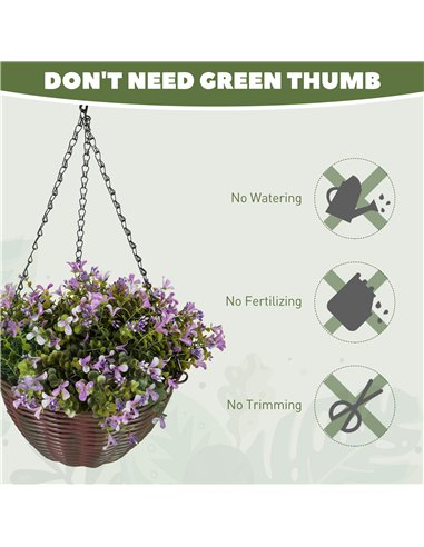 HOMCOM Artificial Flowers in Basket Set of 2, Artificial Hanging Baskets with 75 Leaves and 15 Flowers in Pot, Decorative Plant 