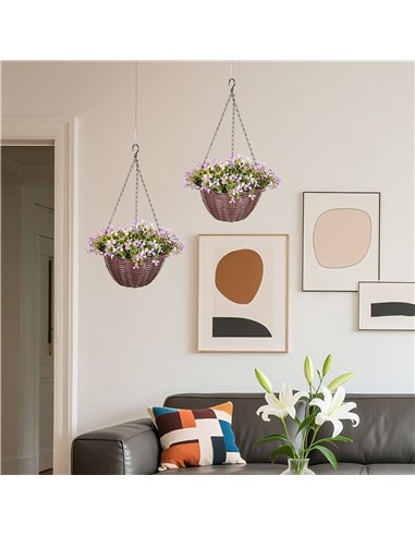 HOMCOM Artificial Flowers in Basket Set of 2, Artificial Hanging Baskets with 75 Leaves and 15 Flowers in Pot, Decorative Plant 