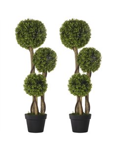 HOMCOM Set of 2 Decorative Artificial Plants, Boxwood Ball Topiary Trees in Pot Fake Plants for Home, Indoor&Outdoor Decor, 90 c