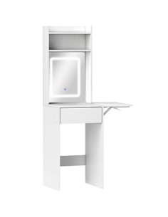 HOMCOM Small Vanity Desk with Mirror and LED Lights, Compact Dressing Table with Drop Leaf, Open Shelves and Drawer, White