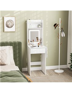 HOMCOM Small Vanity Desk with Mirror and LED Lights, Compact Dressing Table with Drop Leaf, Open Shelves and Drawer, White 2