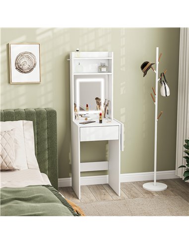 HOMCOM Small Vanity Desk with Mirror and LED Lights, Compact Dressing Table with Drop Leaf, Open Shelves and Drawer, White