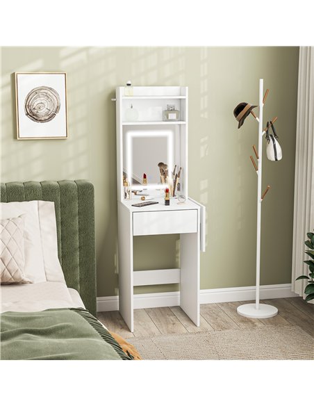 HOMCOM Small Vanity Desk with Mirror and LED Lights, Compact Dressing Table with Drop Leaf, Open Shelves and Drawer, White - pic 166663 | FastDaddyshop