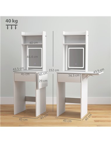 HOMCOM Small Vanity Desk with Mirror and LED Lights, Compact Dressing Table with Drop Leaf, Open Shelves and Drawer, White