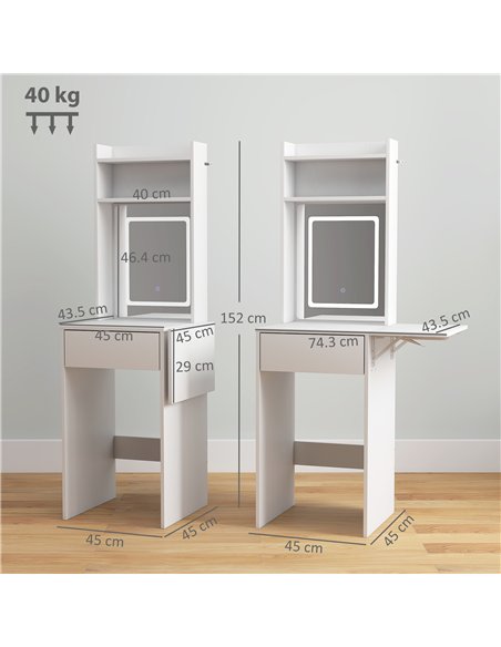 HOMCOM Small Vanity Desk with Mirror and LED Lights, Compact Dressing Table with Drop Leaf, Open Shelves and Drawer, White - pic 166664 | FastDaddyshop