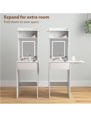 HOMCOM Small Vanity Desk with Mirror and LED Lights, Compact Dressing Table with Drop Leaf, Open Shelves and Drawer, White