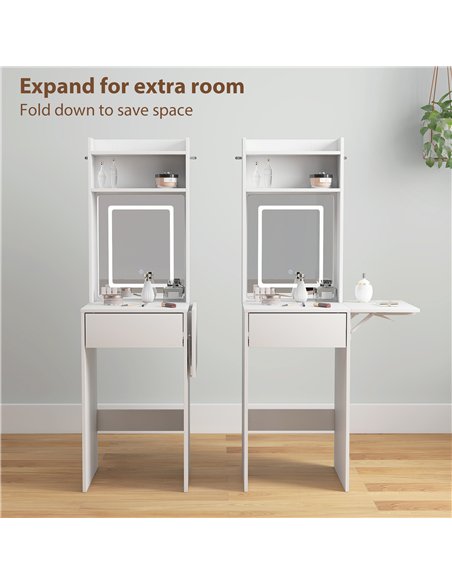 HOMCOM Small Vanity Desk with Mirror and LED Lights, Compact Dressing Table with Drop Leaf, Open Shelves and Drawer, White - pic 166666 | FastDaddyshop