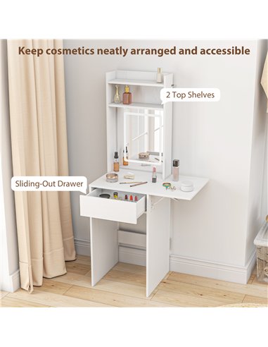 HOMCOM Small Vanity Desk with Mirror and LED Lights, Compact Dressing Table with Drop Leaf, Open Shelves and Drawer, White