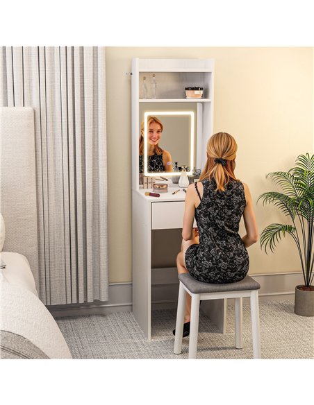 HOMCOM Small Vanity Desk with Mirror and LED Lights, Compact Dressing Table with Drop Leaf, Open Shelves and Drawer, White - pic 166669 | FastDaddyshop