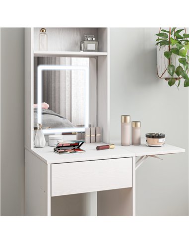 HOMCOM Small Vanity Desk with Mirror and LED Lights, Compact Dressing Table with Drop Leaf, Open Shelves and Drawer, White