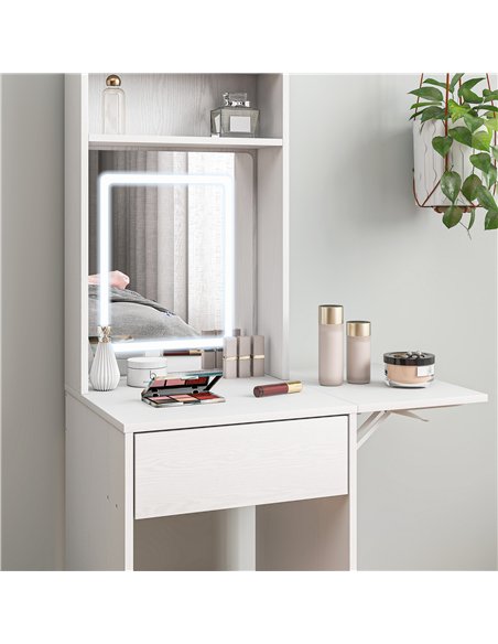 HOMCOM Small Vanity Desk with Mirror and LED Lights, Compact Dressing Table with Drop Leaf, Open Shelves and Drawer, White - pic 166670 | FastDaddyshop